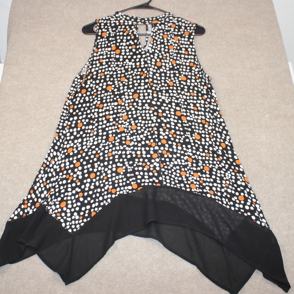 August Silk Polka Dot Handkerchief Hem Tunic Top Mock Neck Black Orange Medium